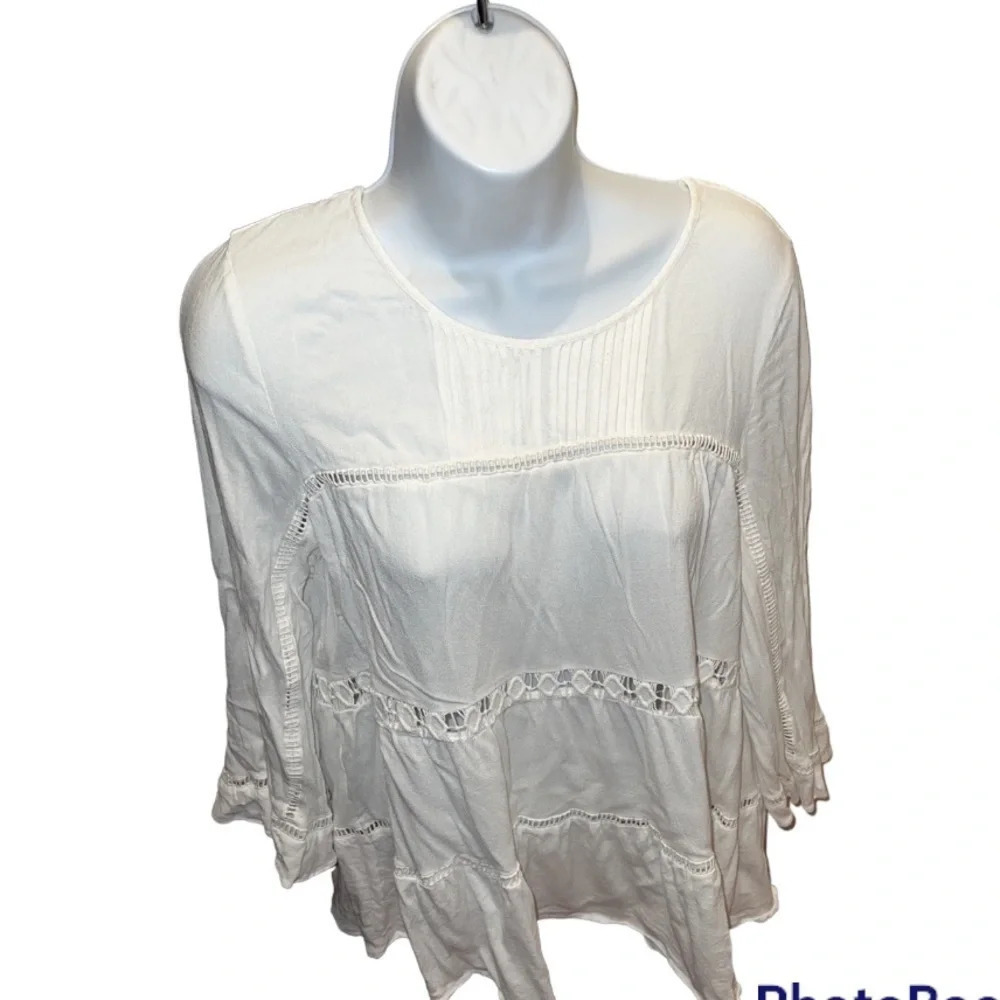 Anthropologie Mauve Boho White Lace Embroidered 3/4 sleeves Blouse